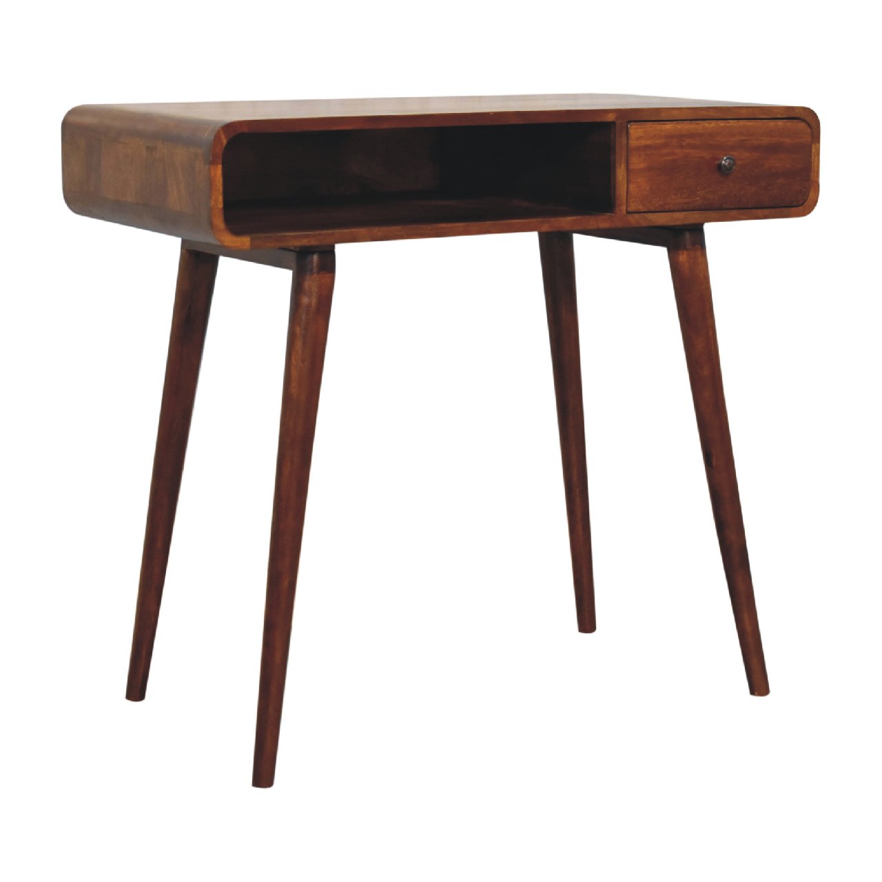 Solid Mango Wood Chestnut Finished 1 Drawer 1 Slot Curved Writing Desk - Image 2
