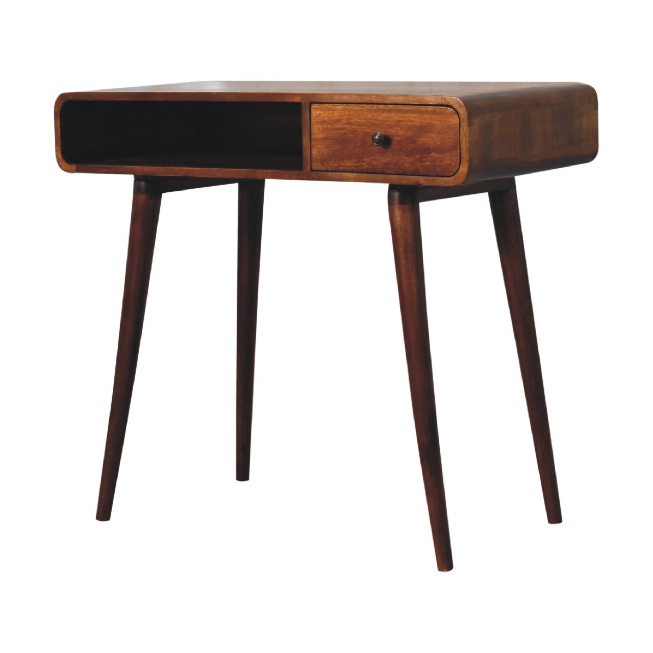 Solid Mango Wood Chestnut Finished 1 Drawer 1 Slot Curved Writing Desk - Image 3