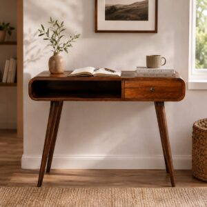 Solid Mango Wood Chestnut Finished 1 Drawer 1 Slot Curved Writing Desk