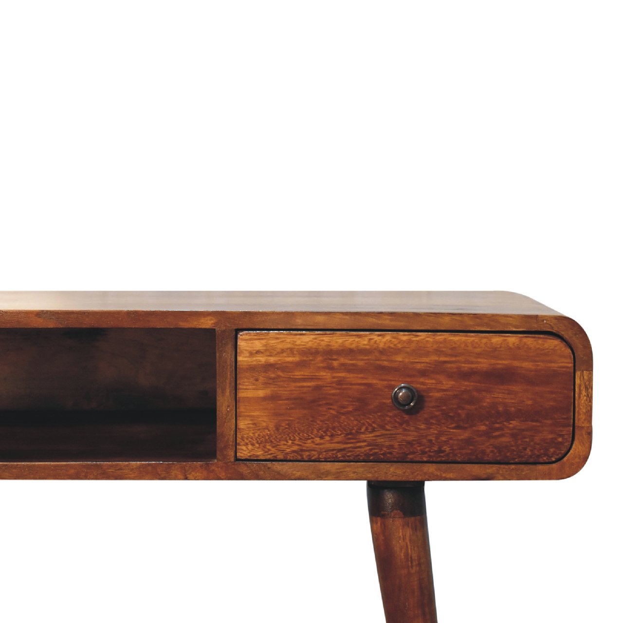 Solid Mango Wood Chestnut Finished 1 Drawer 1 Slot Curved Writing Desk - Image 4