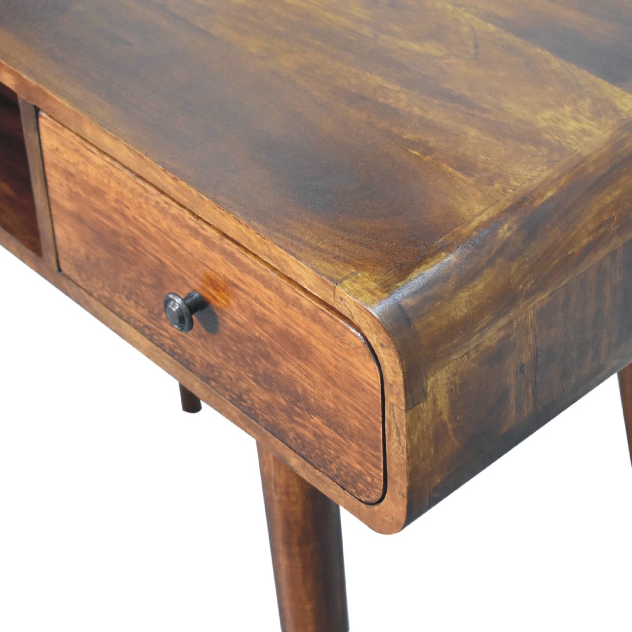 Solid Mango Wood Chestnut Finished 1 Drawer 1 Slot Curved Writing Desk - Image 5