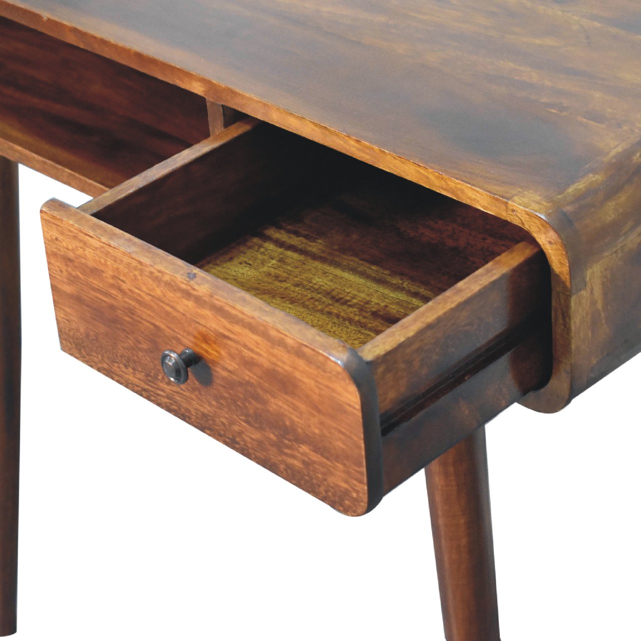 Solid Mango Wood Chestnut Finished 1 Drawer 1 Slot Curved Writing Desk - Image 6