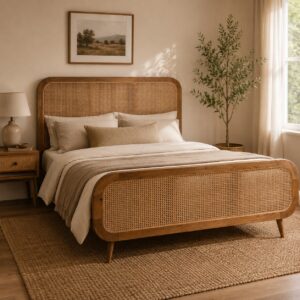 Solid Mango Wood Oak Finished Rattan Bed