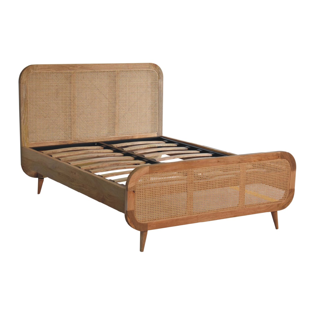 Solid Mango Wood Oak Finished Rattan Bed - Image 2