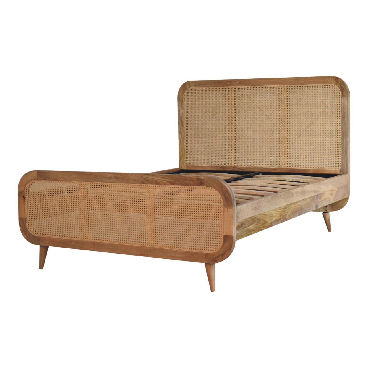 Solid Mango Wood Oak Finished Rattan Bed - Image 3