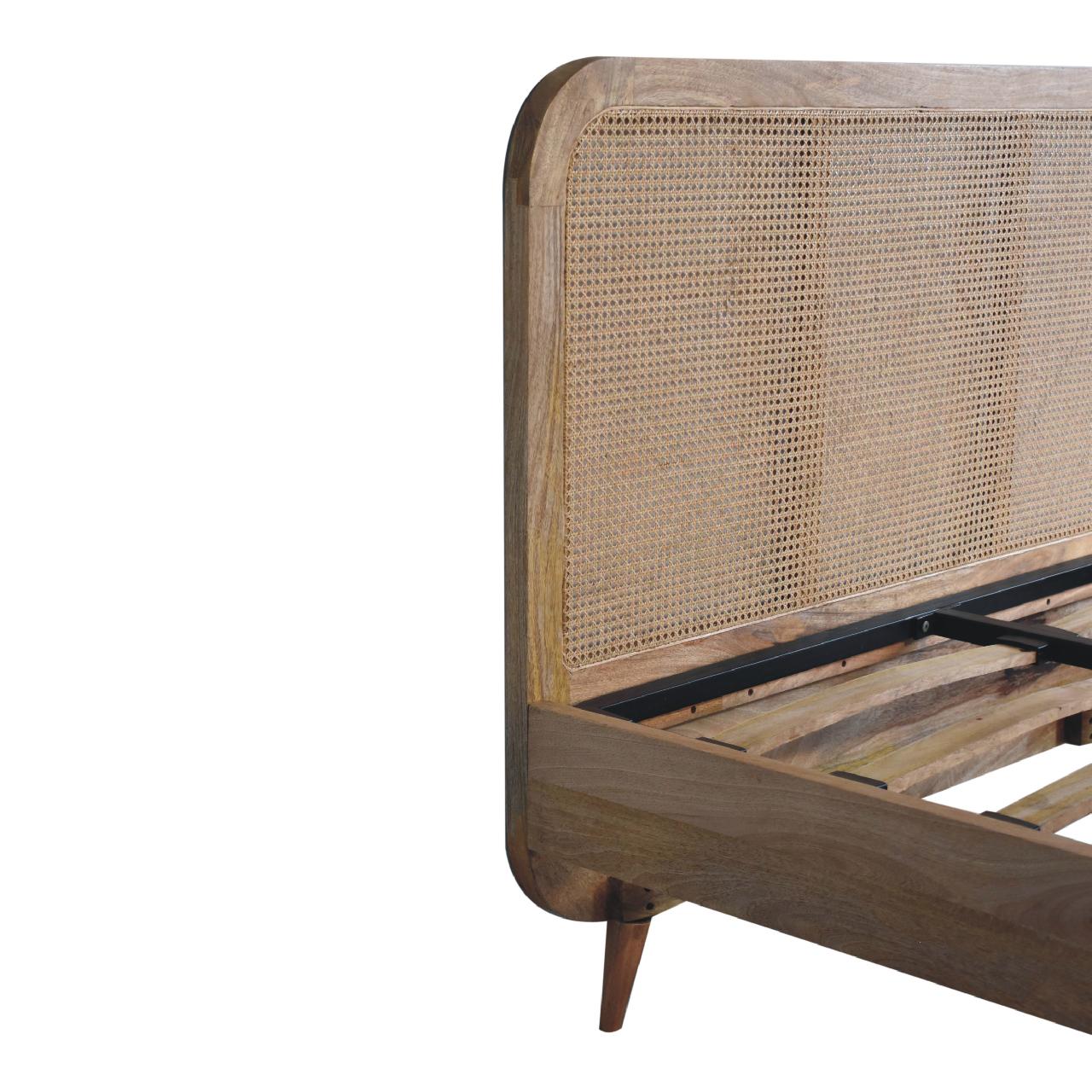 Solid Mango Wood Oak Finished Rattan Bed - Image 6