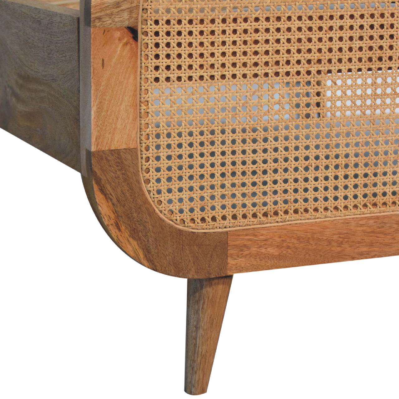 Solid Mango Wood Oak Finished Rattan Bed - Image 7