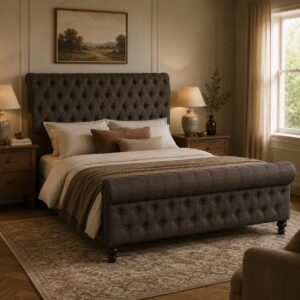Solid Mango Wood California Walnut Finish Upholstered Multi Tweed Bed