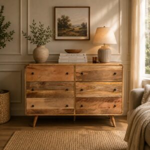Solid Mango Wood Oak Finished 6 Drawer Large Curved Chest