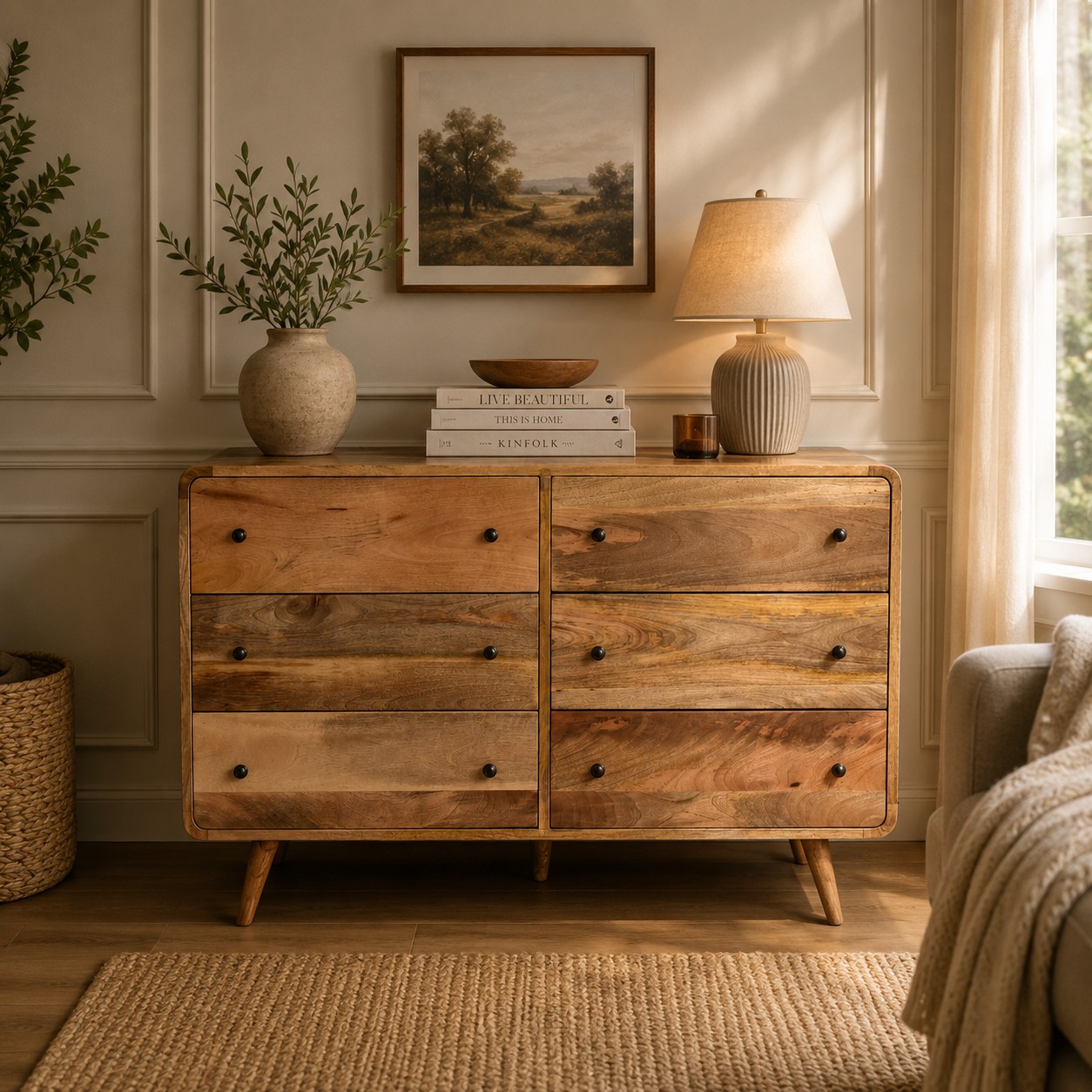 Solid Mango Wood Oak Finished 6 Drawer Large Curved Chest