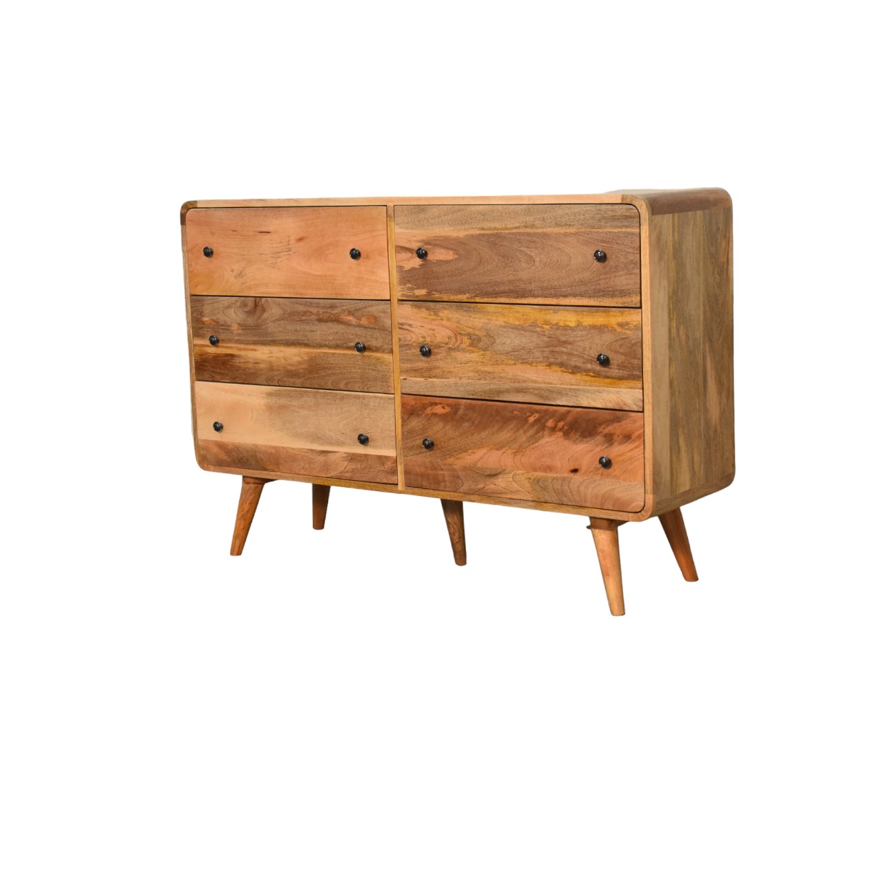 Solid Mango Wood Oak Finished 6 Drawer Large Curved Chest - Image 3
