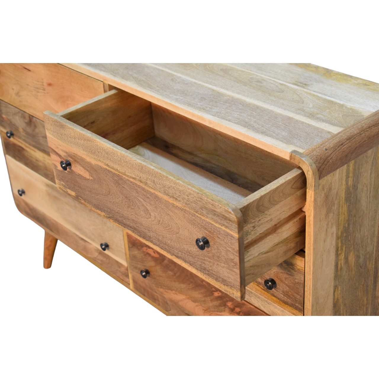 Solid Mango Wood Oak Finished 6 Drawer Large Curved Chest - Image 6
