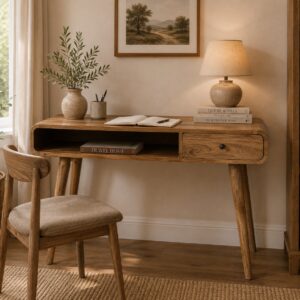 Solid Mango Wood Oak Finished 1 Drawer 1 Slot Curved Writing Desk