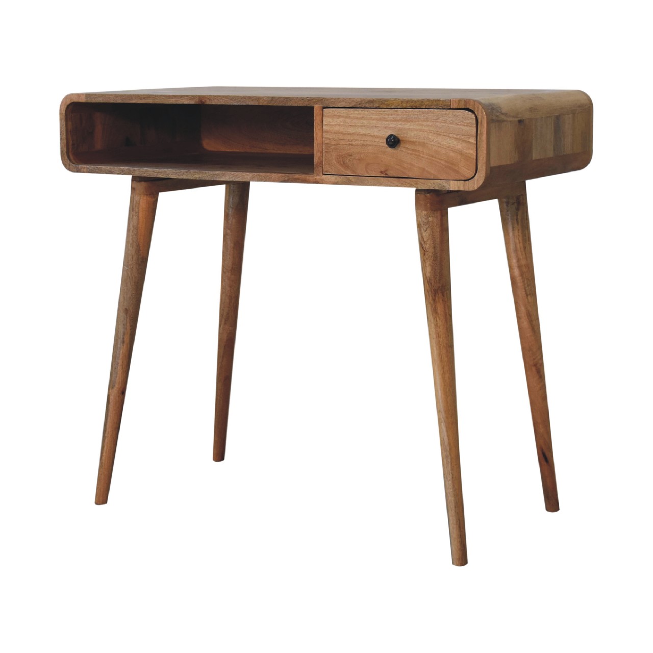 Solid Mango Wood Oak Finished 1 Drawer 1 Slot Curved Writing Desk - Image 2