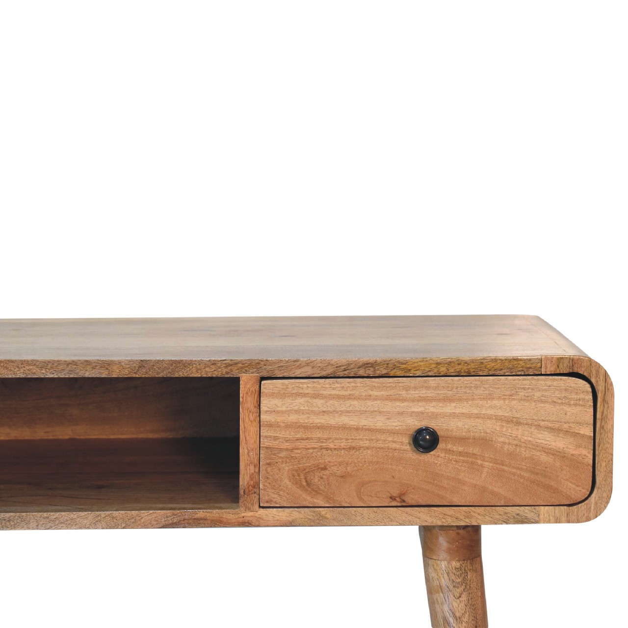 Solid Mango Wood Oak Finished 1 Drawer 1 Slot Curved Writing Desk - Image 3