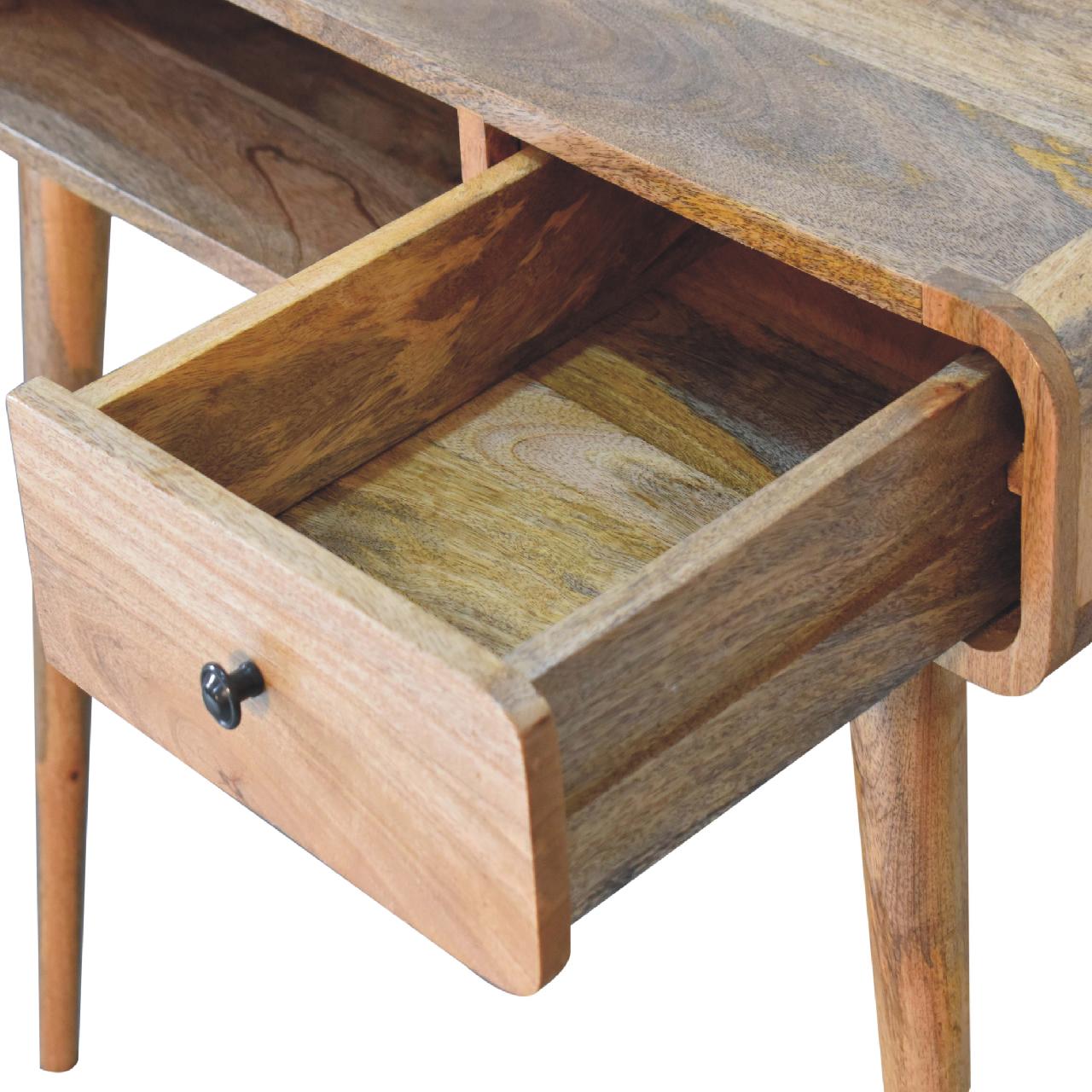 Solid Mango Wood Oak Finished 1 Drawer 1 Slot Curved Writing Desk - Image 5