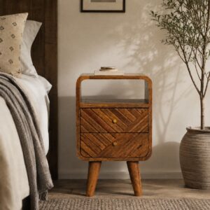 Solid Mango Wood Oak Finish 2 Door 1 Slot Mini Lille Curved Bedside