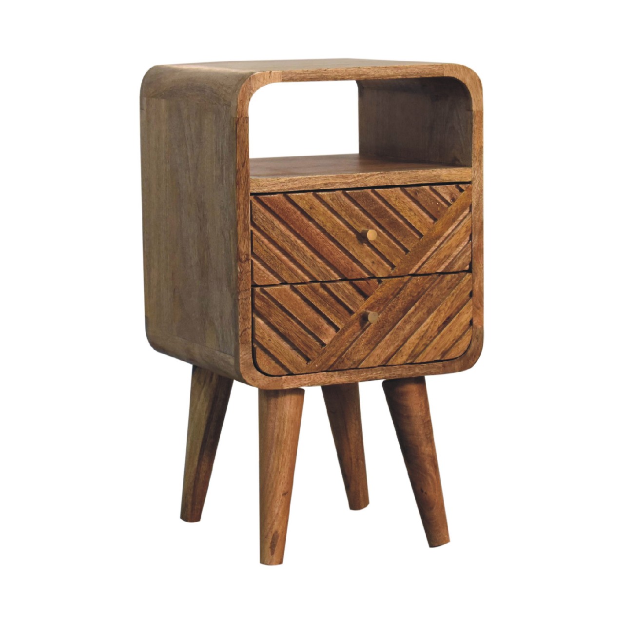 Solid Mango Wood Oak Finish 2 Door 1 Slot Mini Lille Curved Bedside - Image 2