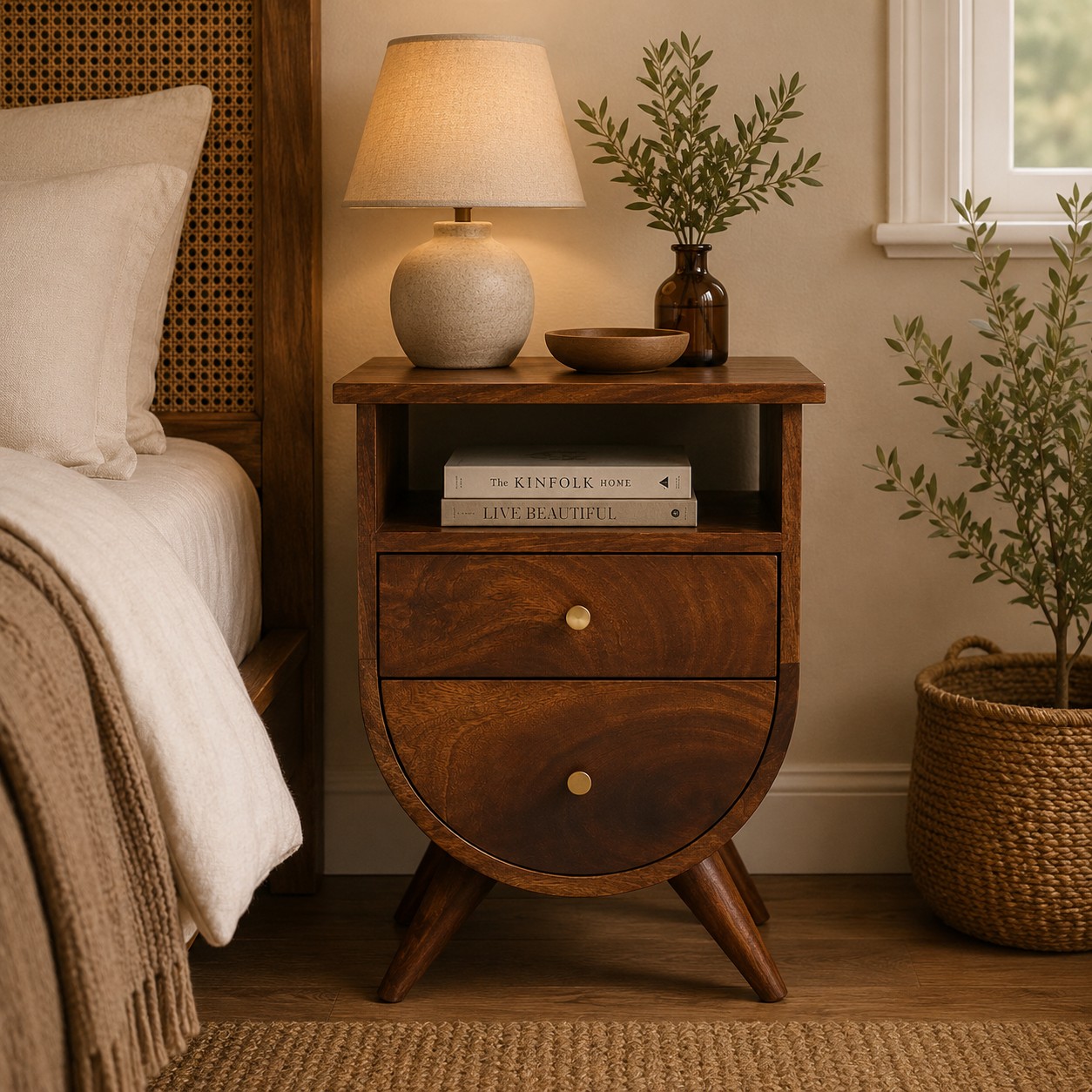Solid Mango Wood Chestnut Finished 2 Drawer 1 Slot Rounded Bedside