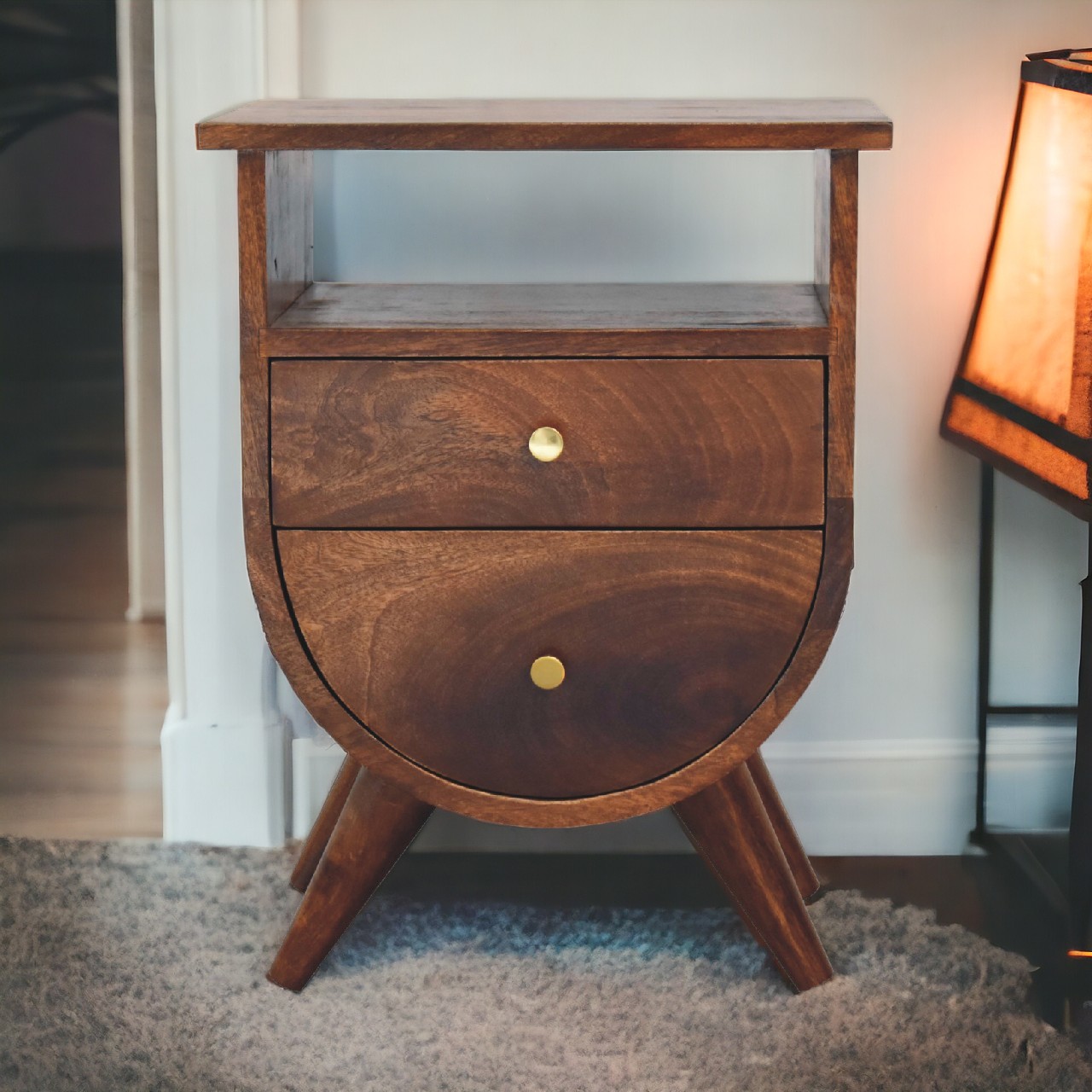 Solid Mango Wood Chestnut Finished 2 Drawer 1 Slot Rounded Bedside - Image 11