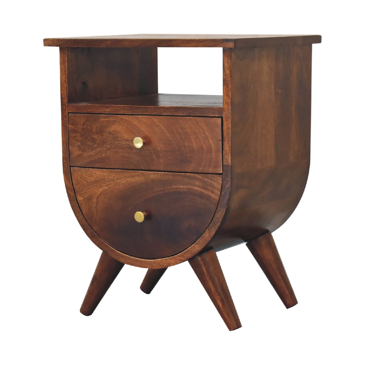 Solid Mango Wood Chestnut Finished 2 Drawer 1 Slot Rounded Bedside - Image 2