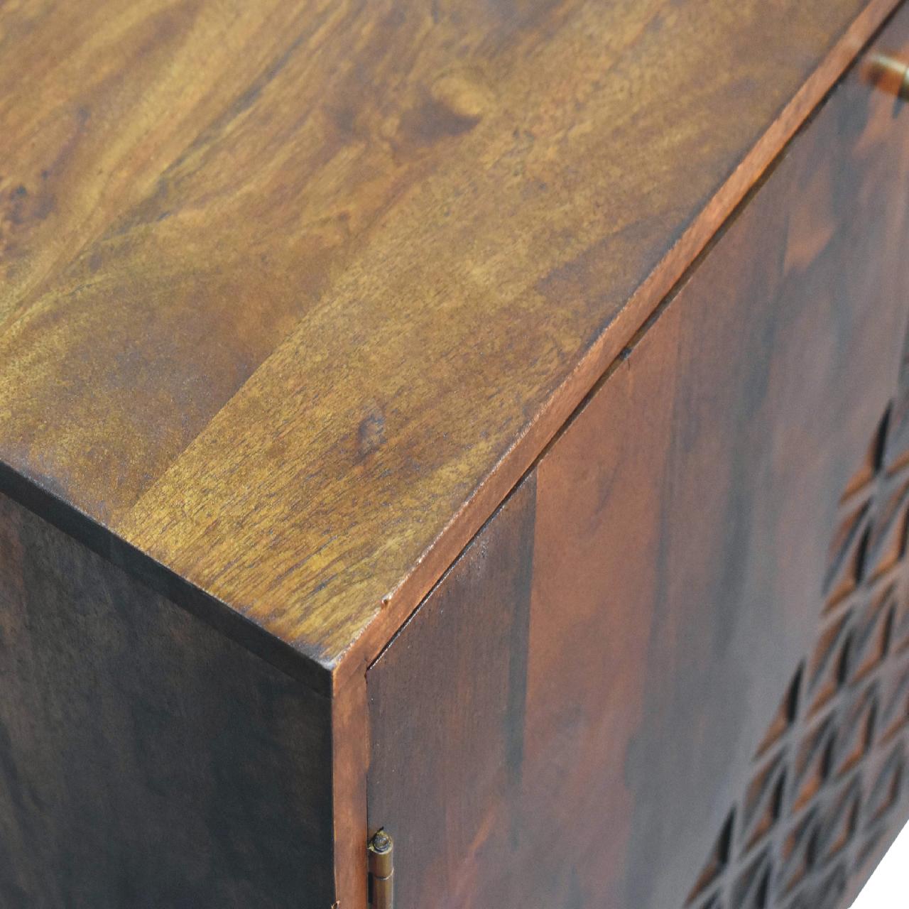 Solid Mango Wood Chestnut Finished 2 Door Dice Pattern Cabinet - Image 4