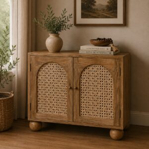 Solid Mango Wood Oak Finished 2 Door Rattan Front Ball Feet Cabinet