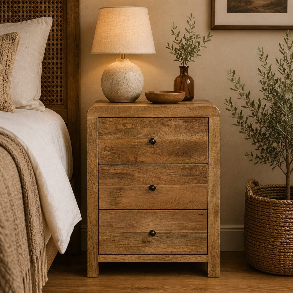 Solid Mango Wood Oak Finished Aspen 3 Drawer Bedside