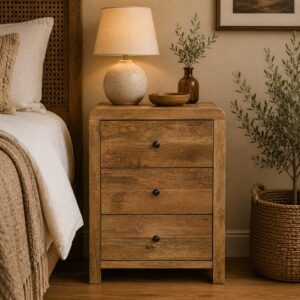 Solid Mango Wood Oak Finished Aspen 3 Drawer Bedside