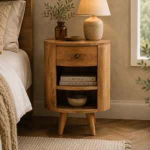 Solid Mango Wood Oak Finished 1 Drawer 2 Shelves Cortez Bedside