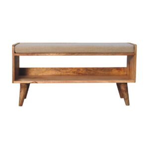 Solid Mango Wood Oak Finished Nordic Storage Bench With Light Brown Linen
