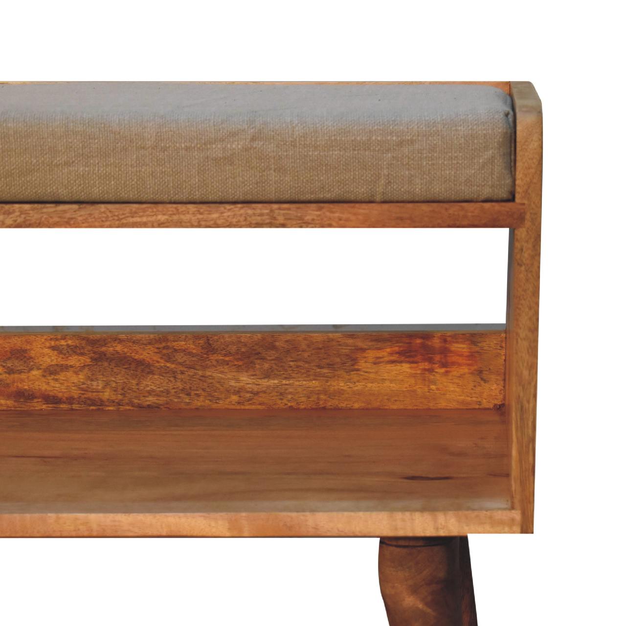 Solid Mango Wood Oak Finished Nordic Storage Bench With Light Brown Linen - Image 4