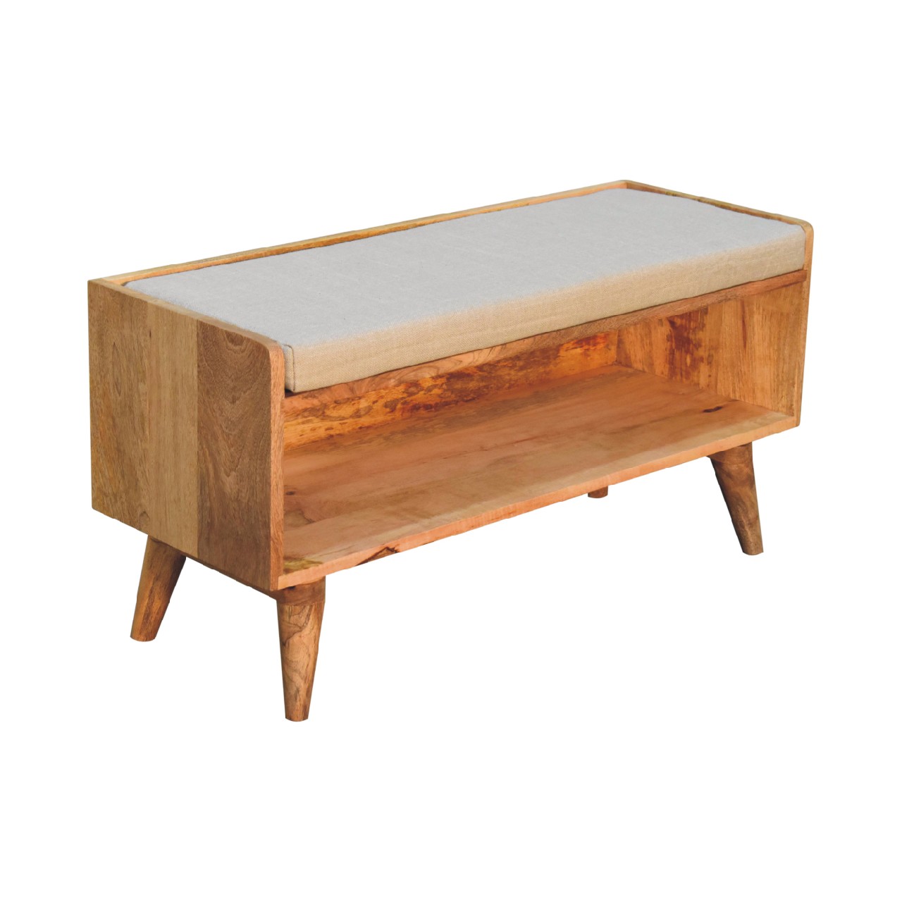 Solid Mango Wood Oak Finished Nordic Storage Bench With Light Brown Linen - Image 5