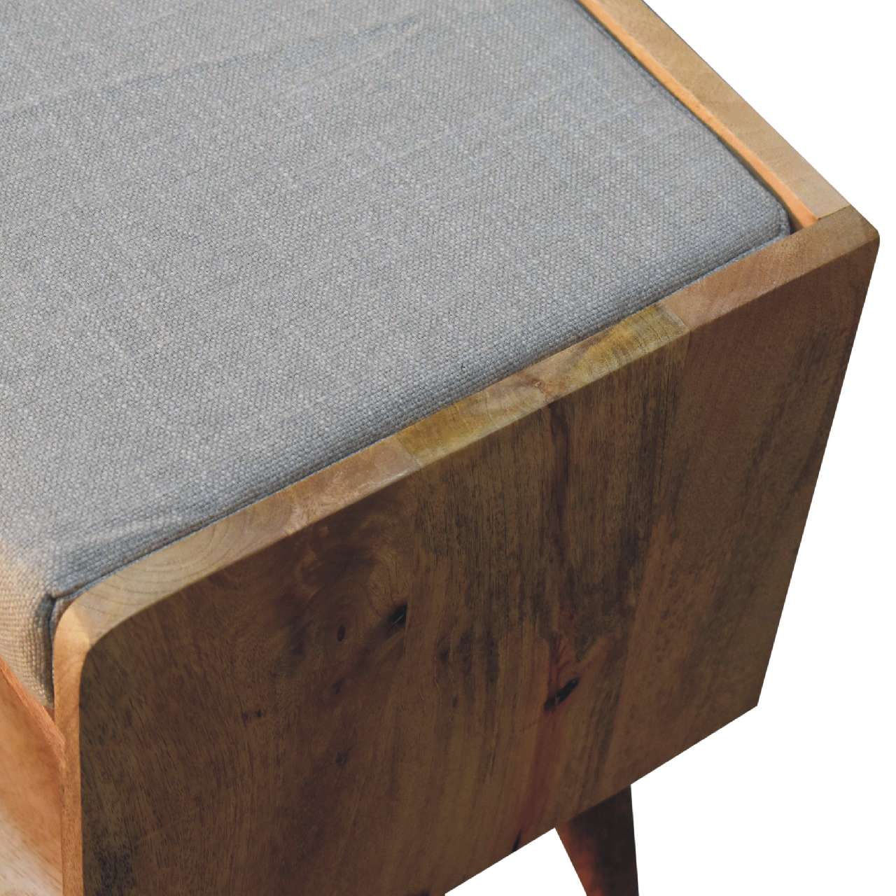 Solid Mango Wood Oak Finished Nordic Storage Bench With Light Brown Linen - Image 6