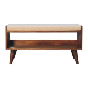 Solid Mango Wood Chestnut Finished & Boucle Upholstered Seat Pad Nordic Storage Bench