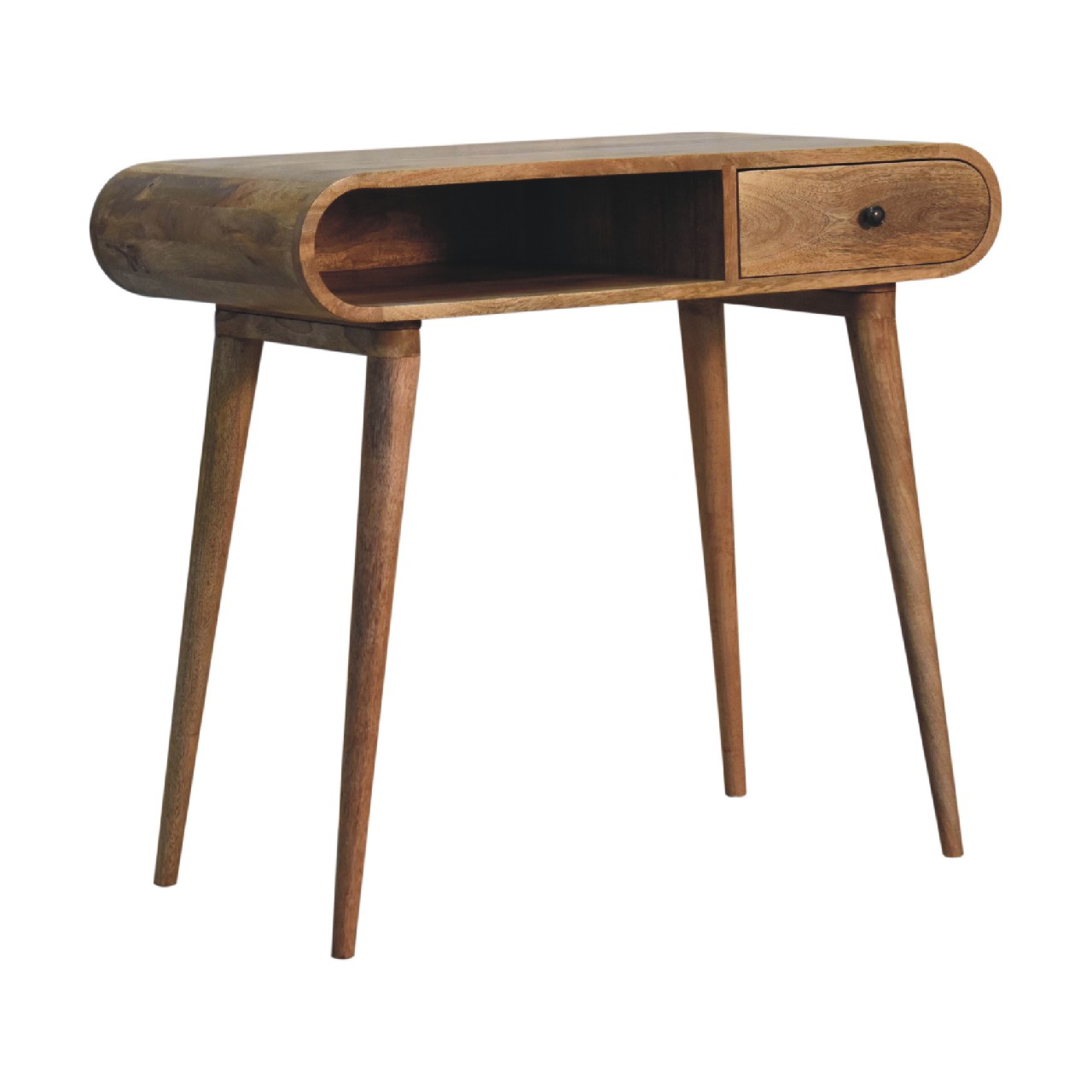 Solid Mango Wood Oak Finished 1 Drawer 1 Slot Curved Flow Writing Desk - Image 2