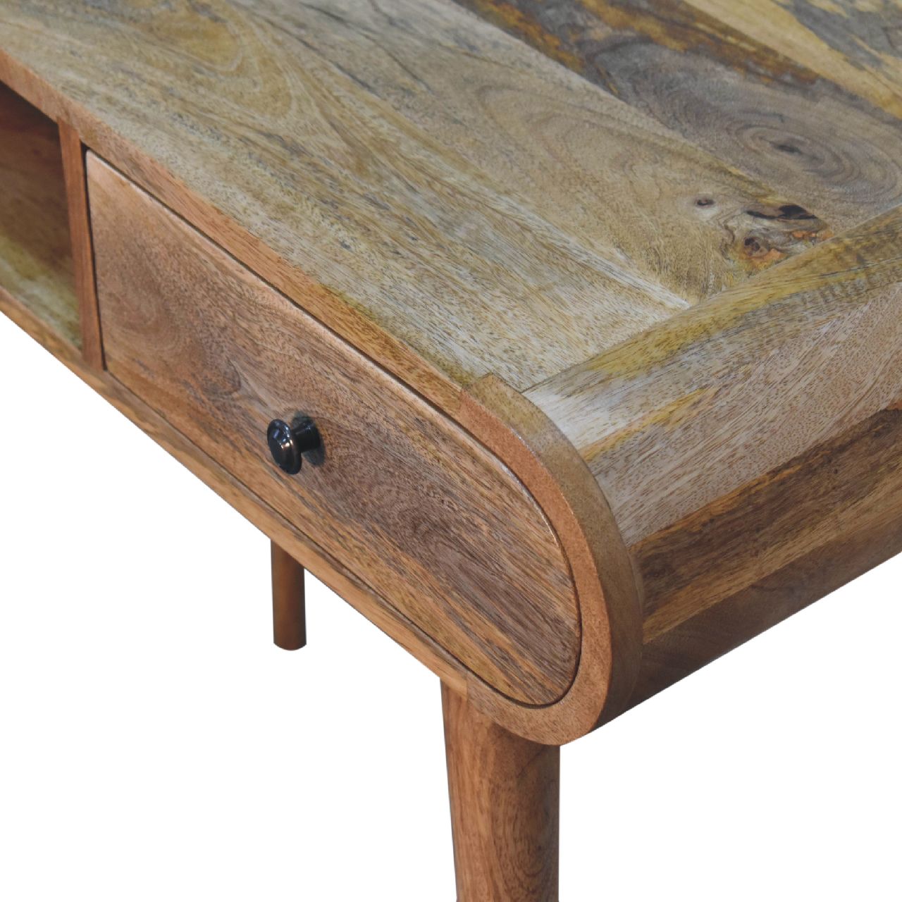 Solid Mango Wood Oak Finished 1 Drawer 1 Slot Curved Flow Writing Desk - Image 3
