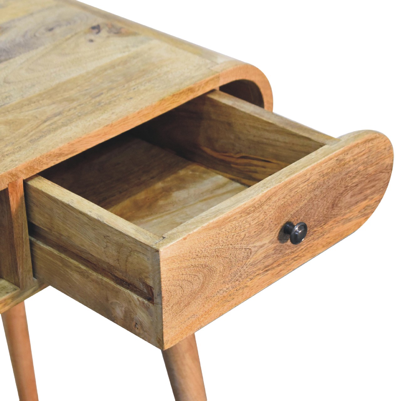 Solid Mango Wood Oak Finished 1 Drawer 1 Slot Curved Flow Writing Desk - Image 5
