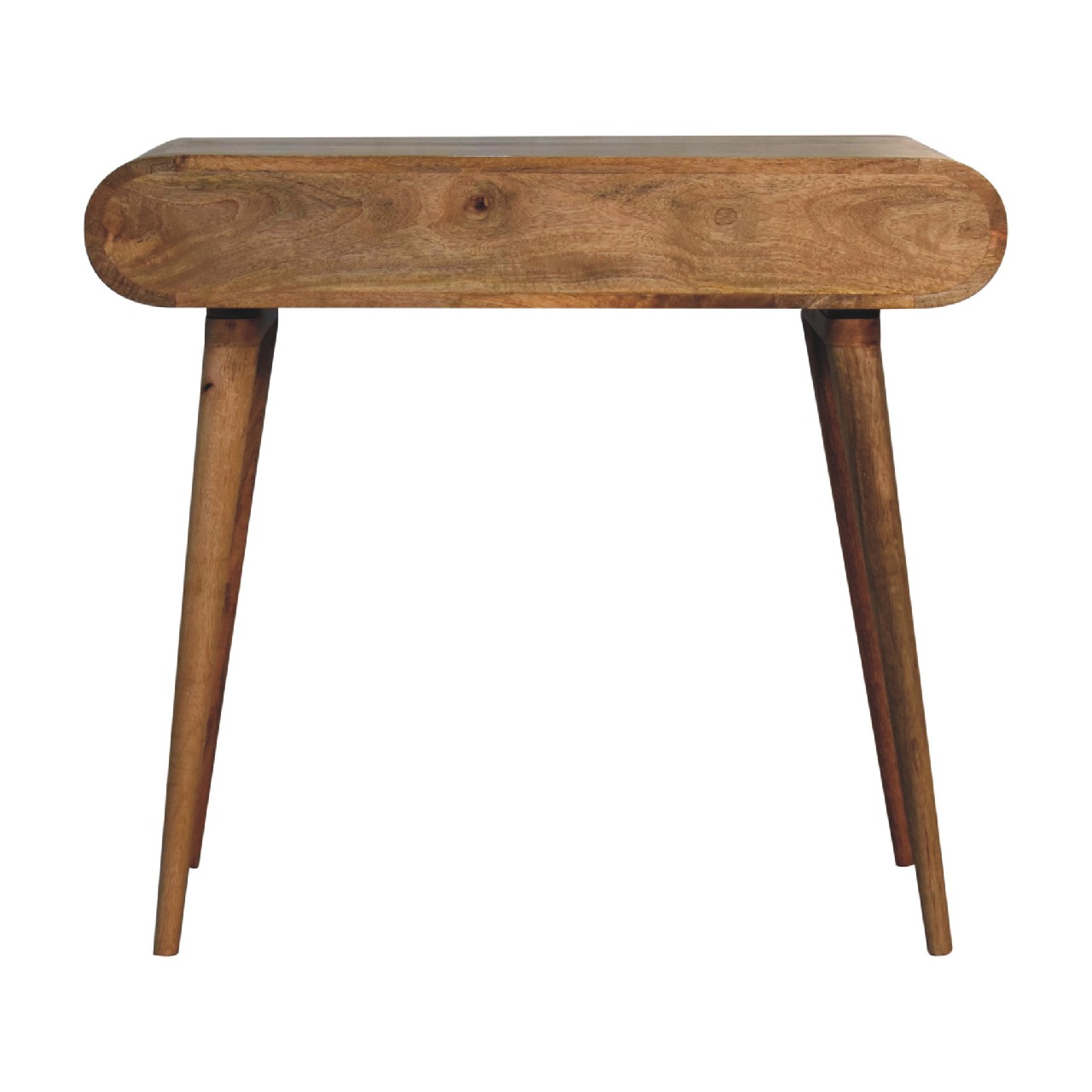 Solid Mango Wood Oak Finished 1 Drawer 1 Slot Curved Flow Writing Desk - Image 8