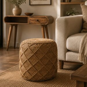 Solid Mango Wood Jute Fiber Footstool Large Pattern
