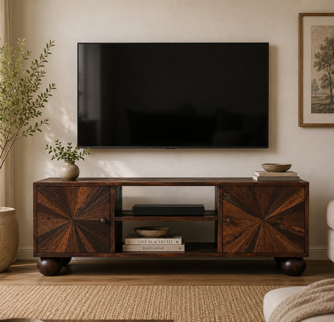 Solid Mango Wood California Walnut Finished Reclaimed Television/Media Unit