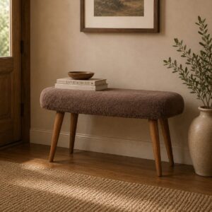 Solid Mango Wood Oak Finished Mocha Faux Fur Fabric Upholstered Bench