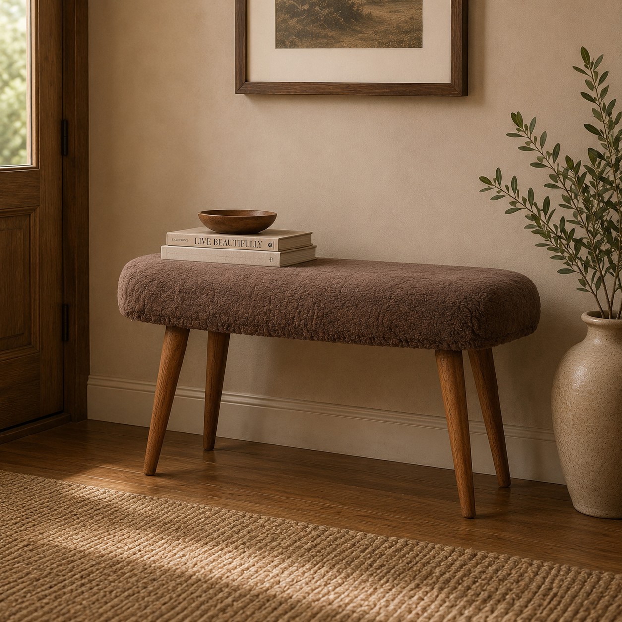 Solid Mango Wood Oak Finished Mocha Faux Fur Fabric Upholstered Bench