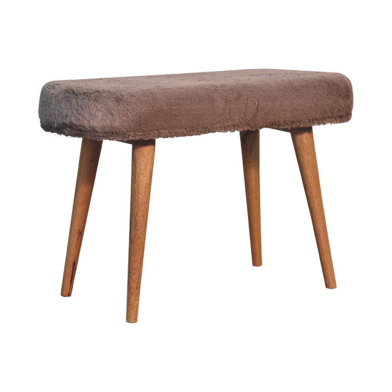Solid Mango Wood Oak Finished Mocha Faux Fur Fabric Upholstered Bench - Image 2