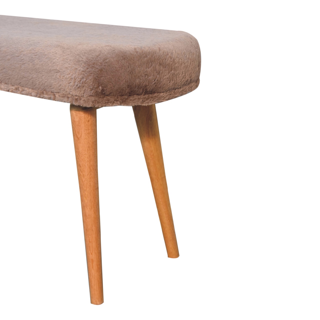 Solid Mango Wood Oak Finished Mocha Faux Fur Fabric Upholstered Bench - Image 4