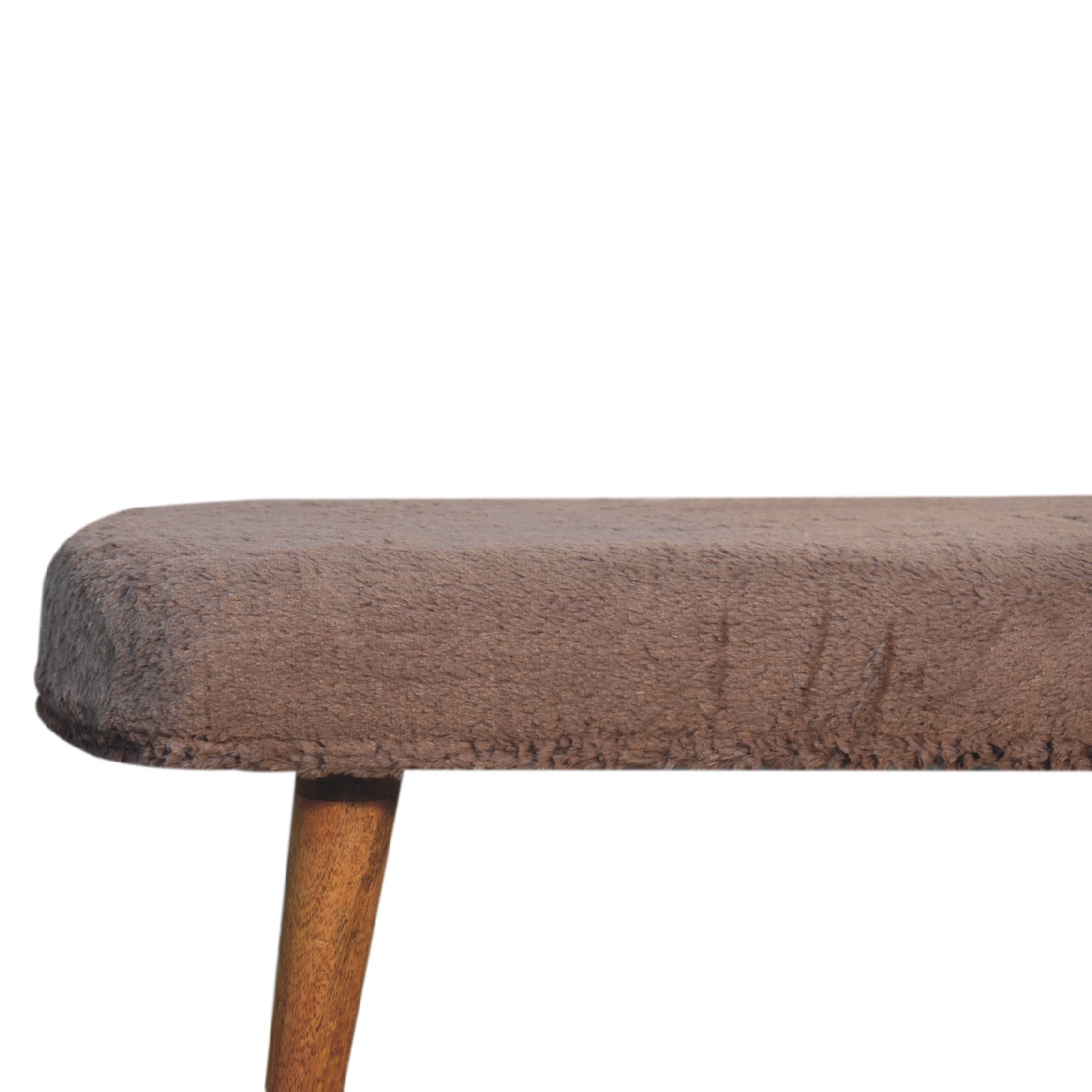 Solid Mango Wood Oak Finished Mocha Faux Fur Fabric Upholstered Bench - Image 5