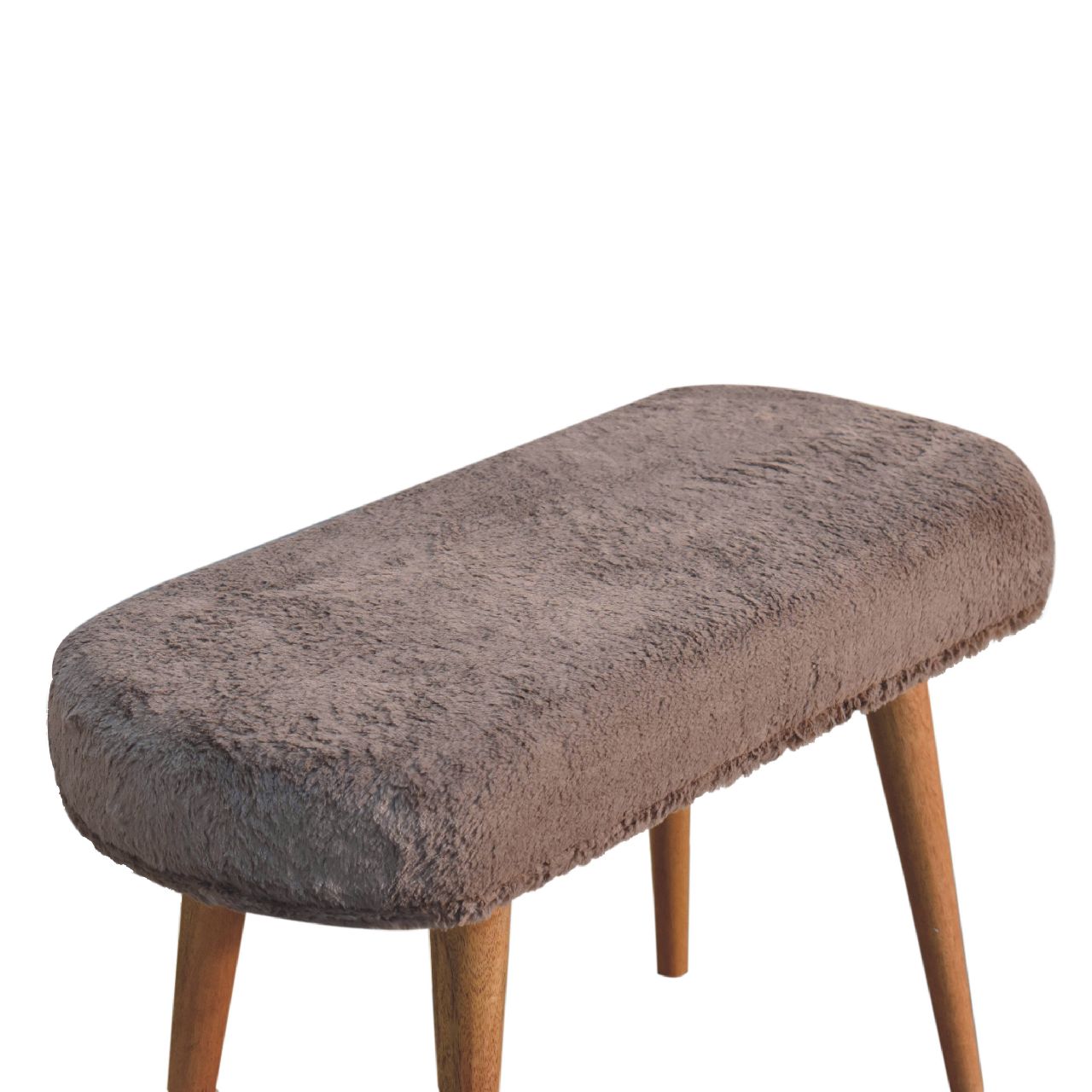 Solid Mango Wood Oak Finished Mocha Faux Fur Fabric Upholstered Bench - Image 6