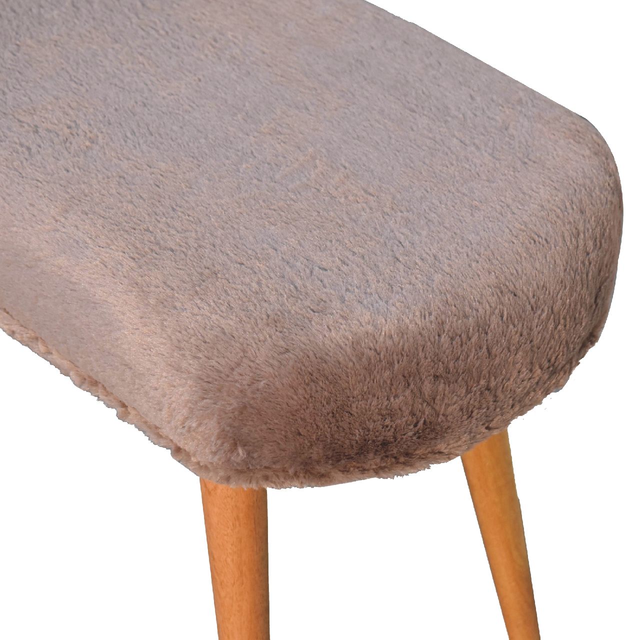 Solid Mango Wood Oak Finished Mocha Faux Fur Fabric Upholstered Bench - Image 7