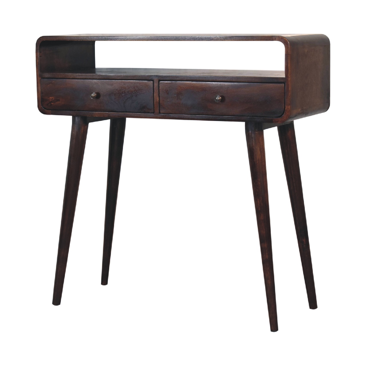 Solid Mango Wood California Walnut Finished 2 Drawer Curved Console Table - Image 7