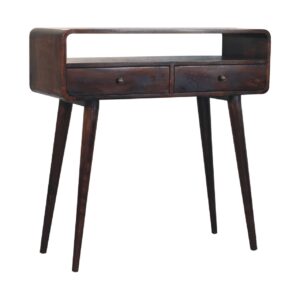 Solid Mango Wood California Walnut Finished 2 Drawer Curved Console Table